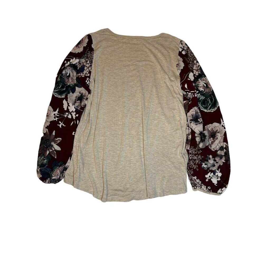 Hailey & Co. Womens Floral Sleeve Raglan Top Size L‎ Beige & Burgundy - Picture 4 of 5